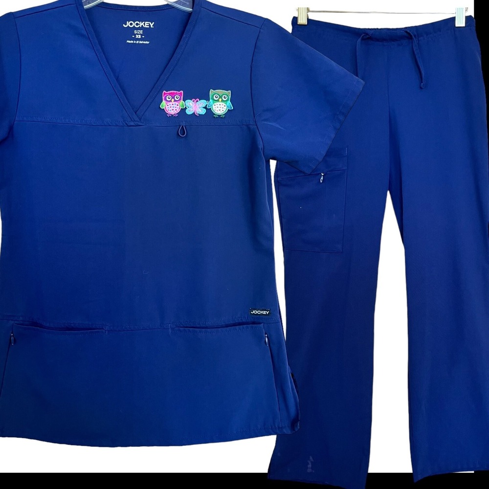 Jockey Scrub Set Womens XS Blue Owls Butterflies Medical Dental 4 Pocket